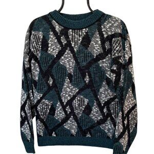 Vintage LE TIGRE Sweater Mens Size M Black White Dark Green Geometric USA EUC